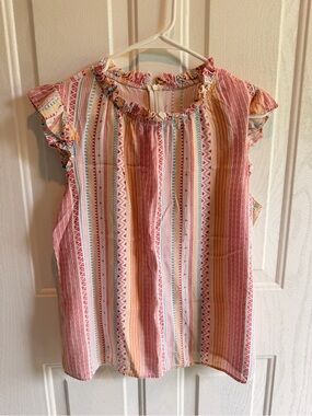 SHEIN Multicolor Striped Ruffle Sleeve Tank - Pink, Cream & Blue